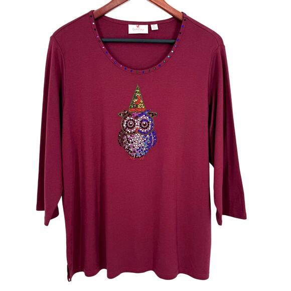 Quacker Factory Tops - Quacker Factory Sz XL Maroon Halloween Witch Owl Wearable Art Blouse Shirt Top